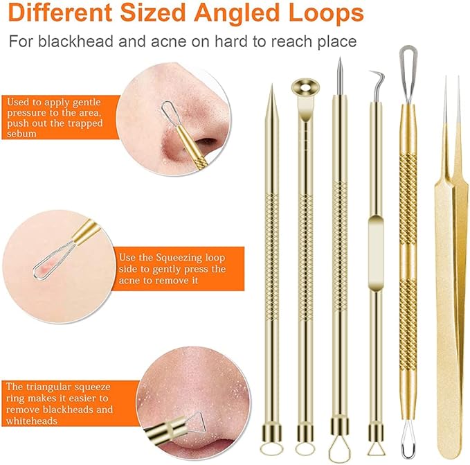 Pimple Popper Tool Kit 6 Pcs Blackhead Remover Acne Needle Tools Set Removing Treatment Comedone Whitehead Popping Zit for Nose Face Skin Blemish Extractor Tool - Gold