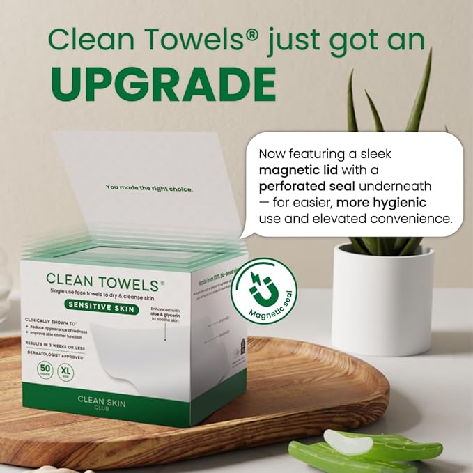 CLEAN SKIN CLUB Sensitive Skin Clean Towels® XL, Ultra-Soft Disposable Face Dry Wipes Infused with Aloe & Glycerin, XL - 2 Pack (50 count)
