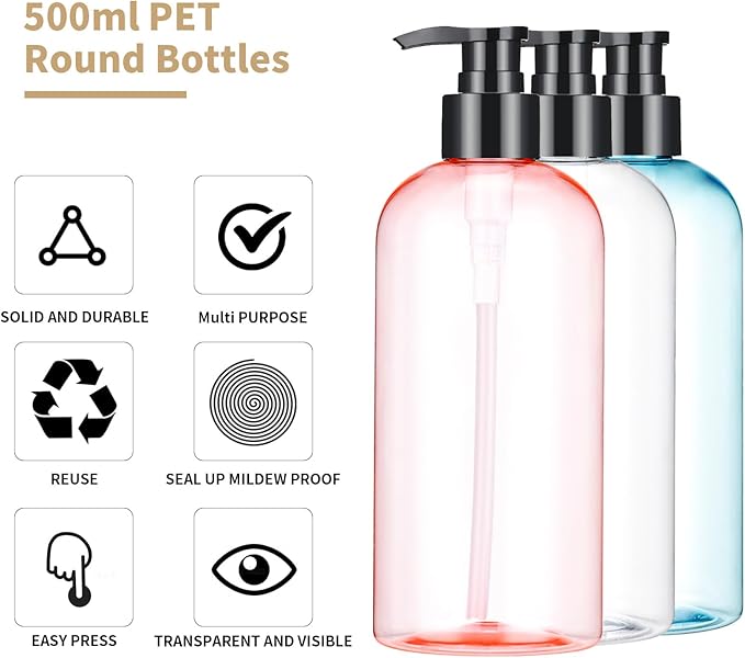 Bynccea Pump Bottle 16 oz/500 ml Empty Shampoo Pump Bottles Dispenser Portable Pump Plastic Bottles for Shampoo and Conditioner Liquid