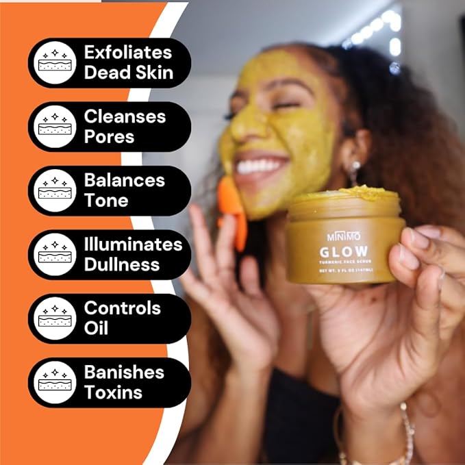 Minimo Glow Turmeric Face Scrub (Lemon Cake) With Heart Applicator - Infused with Turmeric, Manuka Honey, Cinnamon, and Chamomile - Face Scrub for All Skin Types - Achieve Healthy Skin