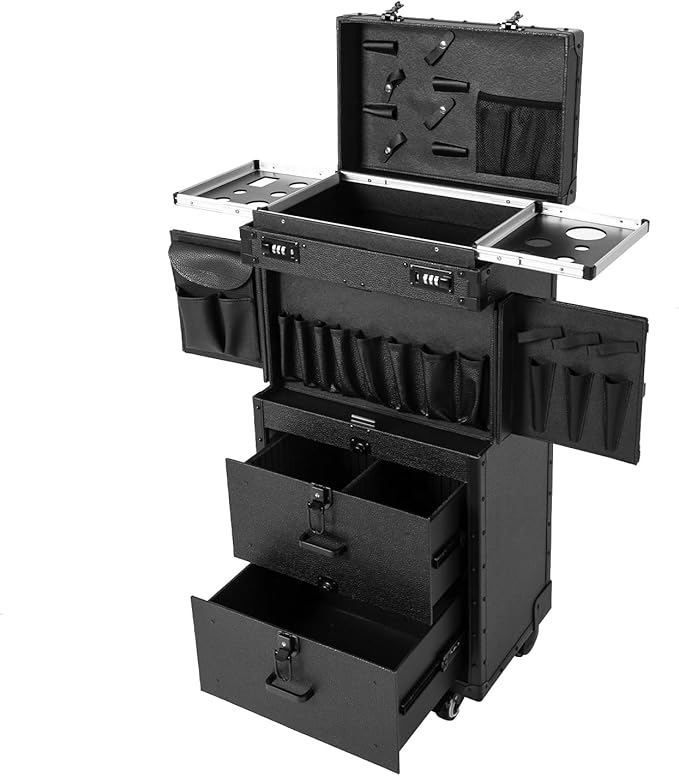 Bepritm Rolling Makeup Case, Large Retro Train Case Hairdressing Trolley with Universal Casters & Combination Lock, Travel Hair Tool Organizer for Barber, Beauty Stores, Nail Salons (Black)