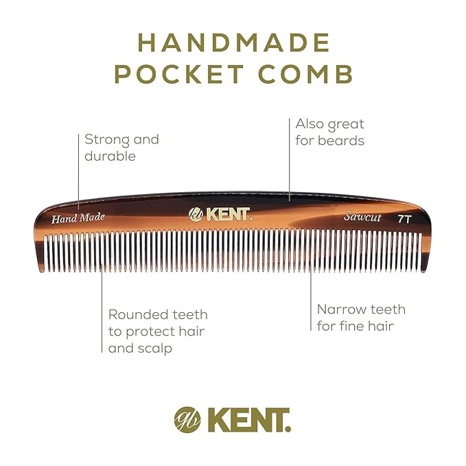 Kent 7T-7T G All Fine Tooth Pocket Comb for Men, Hair Comb Straightener for Everyday Grooming Styling Hair, Mustache and Beard, Use Dry or with Balms, Saw Cut and Hand Polished, Made in England