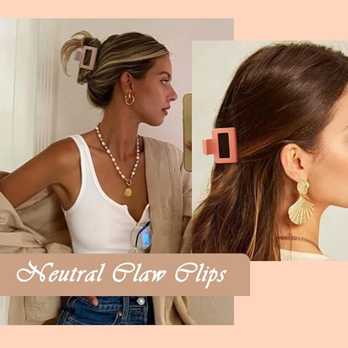 4 Pack Matte Hair Clips for Thin & Thick Hair - 2 Square Medium Claw Clips in Neutral Color (Cute for Women)
