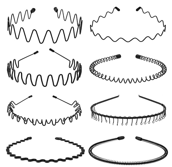 Metal Headband for Men, Unisex Black Wavy Spring Hair Band, Zig Zag Head Band, Fashion Elastic Hair Accessories, Multipack Options Available(8pcs)