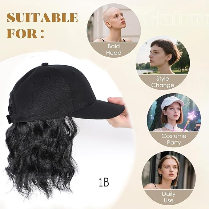 GUOJIAN Hat Wigs for Women 6' Short Wave Baseball Cap Wigs with Curly Hair Extensions Synthetic Wave Wig Adjustable Hat with Hair Attached for Daily Use (1B, 6inch)