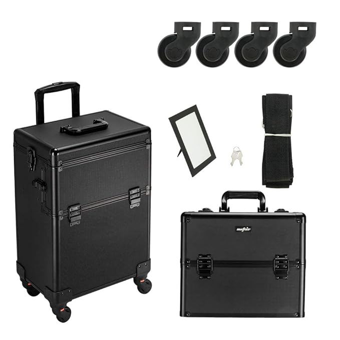 mefeir 2 in 1 Rolling Makeup Train Case Professional Cosmetic trolley on Wheels Aluminum Nail Cart Cosmetic Suitcase for professional makeup artist, Luggage Lockable w/4 Removable Wheels (Black)