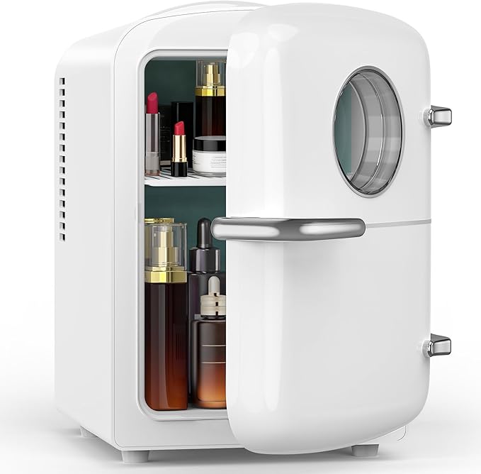 Mini Fridge for Bedroom, 4L/6 Cans Small Cosmetic Fridge for Skincare, Makeup & Drink, With Observation Window, Portable Desk Fridge Cooler and Warmer for Kids, Car, Office, Dorm, White