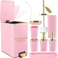 Pink Bathroom Accessories Set 8 Piece Pink and Gold Bathroom Set, Bathroom Sets with Stainless Steel Trash Can,Toilet Brush,Toothbrush Set,Soap Dispenser