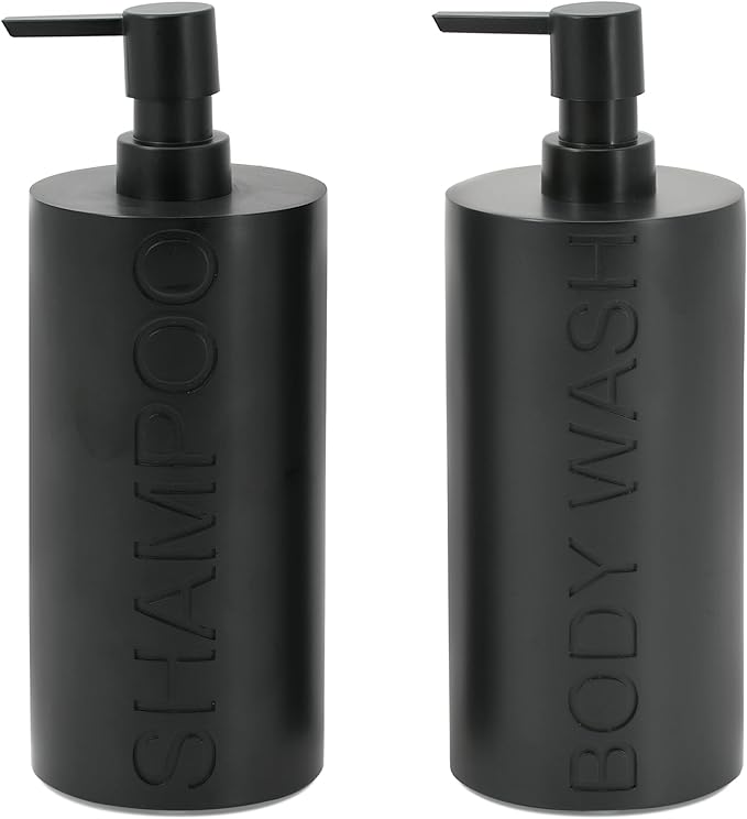 2-Pack Matte Black Resin Refillable Shampoo & Body Wash Bottles – Modern Bathroom Pump Dispenser Set, Durable Resin Shower Containers with Embossed Labels, Reusable Pump Bottle