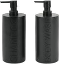 2-Pack Matte Black Resin Refillable Shampoo & Body Wash Bottles – Modern Bathroom Pump Dispenser Set, Durable Resin Shower Containers with Embossed Labels, Reusable Pump Bottle