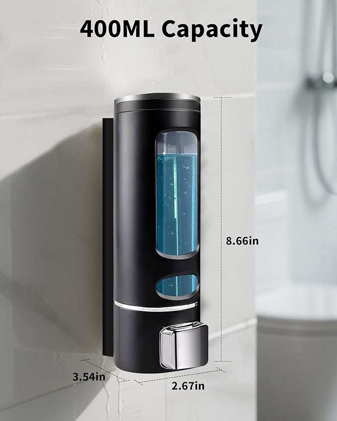Shampoo and Conditioner Dispenser - 400ML Wall-Mounted Shower Shampoo Dispenser No Drill for Body Wash, Soap, Shower, Bathroom, Hotel (Black)