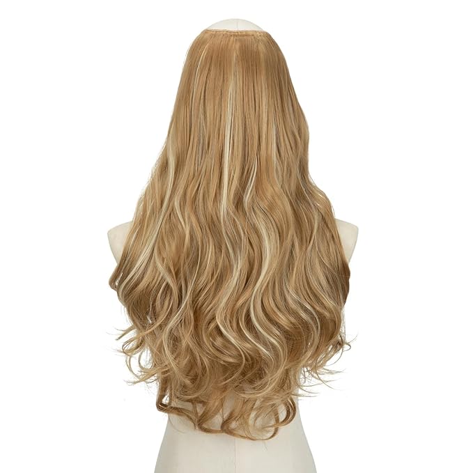 SARLA Clip in U Part Hair Extensions Synthetic Long Wavy Curly Thick Full Head Hairpiece for Women Honey Blonde/Bleach Blonde Highlights 24 Inch