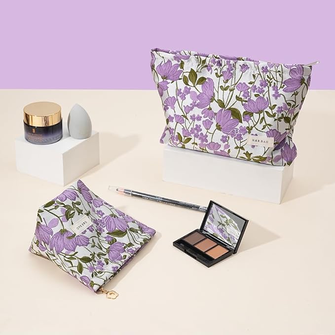 2 PCS Makeup Bag Small Cute Makeup Pouch Floral Cosmetic Bag for Women，Soft Toiletry Bag Pouch for Purse，Embroidery Craft Makeup Bag with Zipper（Purple Flower）