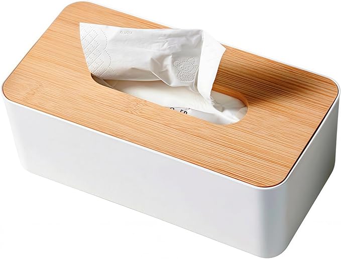 Tissue Box with Bamboo Cover,Plastic Tissue Organizer,Bathroom Tissue Dispenser for Home,Bedroom,Office,Living Room,8.1×4.6×2.9 in (Grey)