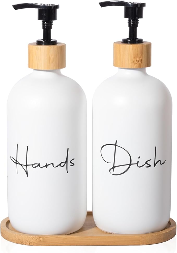 17 oz Hand Soap Dispenser Empty Glass Lotion Pump Bottles, Refillable Liquid Dish Soap Bottles for Bathroom, Kitchen Sink, White, 2 Pack