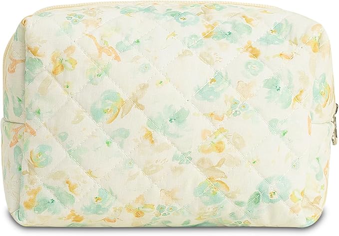 Quilted Makeup Bag Floral Cotton Make up Bag Puffy Coquette Makeup pouch Aesthetic Cute Travel Toiletry Bag for Women Girls
