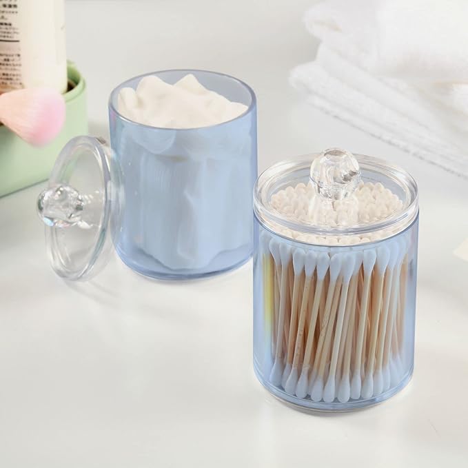Light Steel Blue Qtip Holder Organizer Dispenser Cotton Swabs Cans Plastic Jars with Lid Set 4 Pack Bathroom Storage Canister for Cotton Ball Floss Cotton Pads