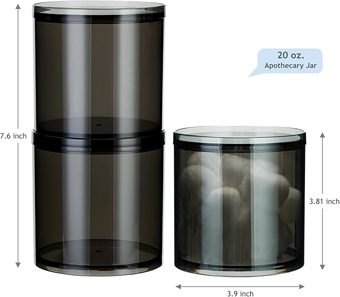 SheeChung 4-Pack Large 20oz Black Stackable Qtip Holder - Translucent Apothecary Jars with Storage Lids - Modern Bathroom Countertop Organizer for Cotton Balls, Pads, & Salts