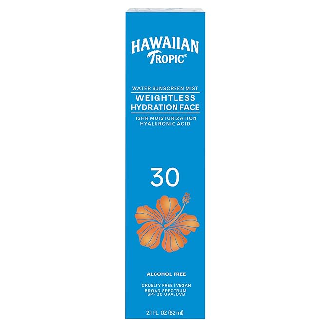Hawaiian Tropic Weightless Hydration Water Mist for Face SPF 30, 2.1Fl Oz, Travel Size SPF Face Hydrating Spray, Non-Comedogenic Sunscreen Facial Mist, Non-Aerosol Sunscreen Spray, 2.1Fl Oz(Pack of 2)