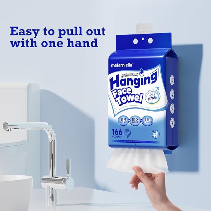 matern'ella Hanging Dry Wipes 166 Counts Face Towel Washcloth Facial Cleansing Thickened Makeup Remover Disposable Soft Face Towelettes for Sensitive Skin Fragrance and Alcohol Free Wet Dry Dual Use