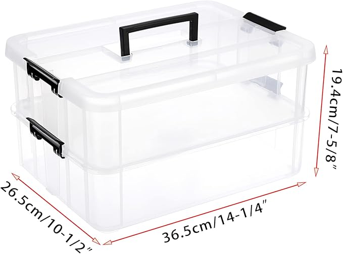 BTSKY 2 Layer Stack & Carry Box, Plastic Multipurpose Portable Storage Container Box Handled Organizer Storage Box for Organizing Stationery, Sewing, Art Craft, Jewelry and Beauty Supplies Black