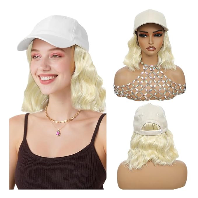 GUOJIAN Hat Wigs for Women 6' Short Wave Baseball Cap Wigs with Curly Hair Extensions Synthetic Wave Wig Adjustable Hat with Hair Attached for Daily Use (W60, 6inch)