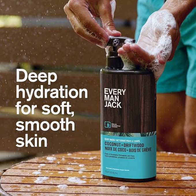 Every Man Jack Coconut + Driftwood Mens Body Wash for All Skin Types - Cleanse, Hydrate, and Smell Great - Free of Parabens, Phtalates, and Dyes - 33.8 fl oz (2 Pack)