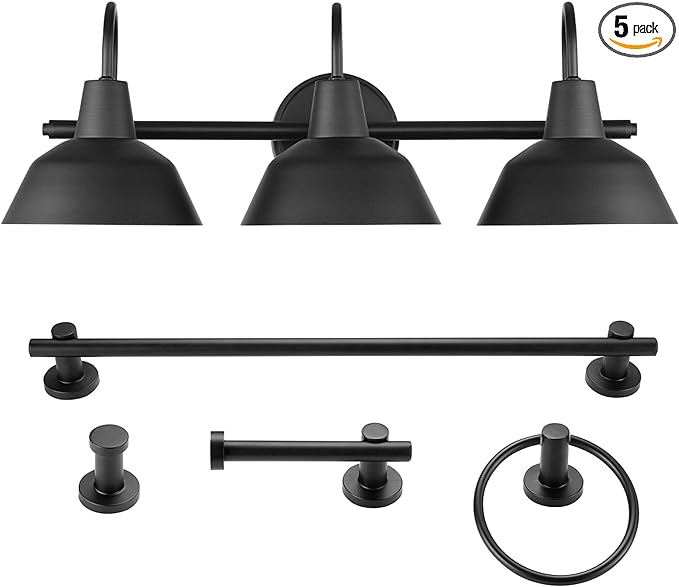Globe Electric 51710 5-Piece Bathroom Accessory Set with 24-inch 3-Light Vanity Fixture, Matte Black Finish, Industrial Design, E26 Base, Towel Bar, Towel Ring, Robe Hook, Toilet Paper Holder