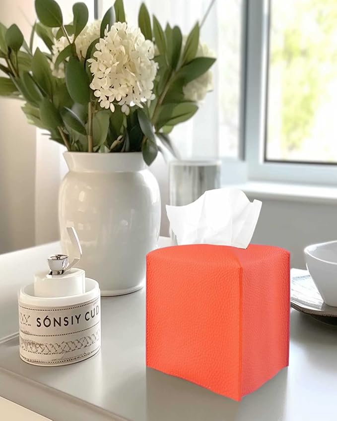 Orange Tissue Box Cover Square – Tissue Box Holder with Bottom Belt [JESMINI] Modern PU Leather Tissue Holder for Home Fall Decoration