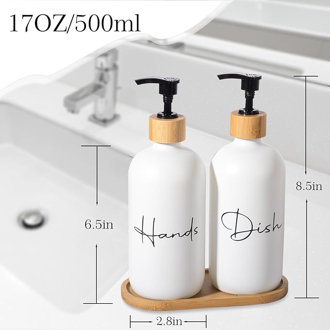 17 oz Hand Soap Dispenser Empty Glass Lotion Pump Bottles, Refillable Liquid Dish Soap Bottles for Bathroom, Kitchen Sink, White, 2 Pack