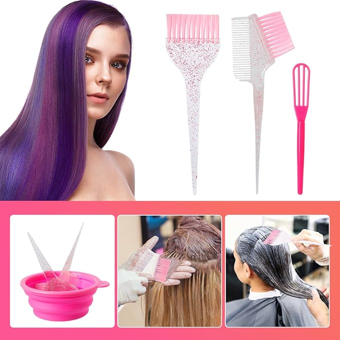 Hair Dye Color Brush and Bowl Set, Color Bowl Brushes Tool Mixing Bowl Kit Tint Comb for Hair Tint Dying Coloring Applicator (Pinky&Clear)