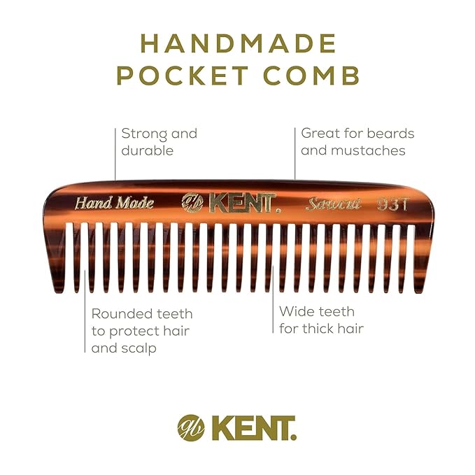 Kent 93T-93T G Wide Tooth Small Comb for Men's Mustache and Beard Grooming, Pocket Sized Detangler Travel Comb, Saw-Cut and Polished, Handmade in England