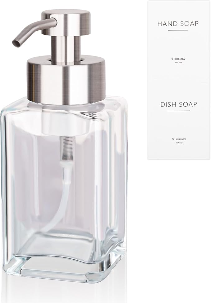 Foaming Soap Dispenser with Stainless Steel Pump, 12oz Refillable Glass Liquid Dish Soap Bottles for Bathroom, Kitchen Sink, Home Decor