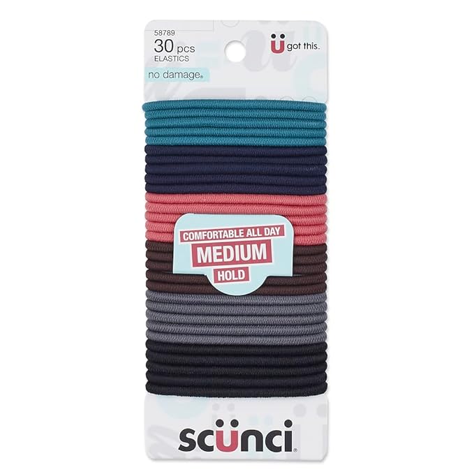 Scunci by Conair No Damage Effortless Beauty Large Multicolor Hair Ties Elastics for Women and Men, Elastic Hair Ties with No Damage in Assorted Neutral Colors, 30 Pack