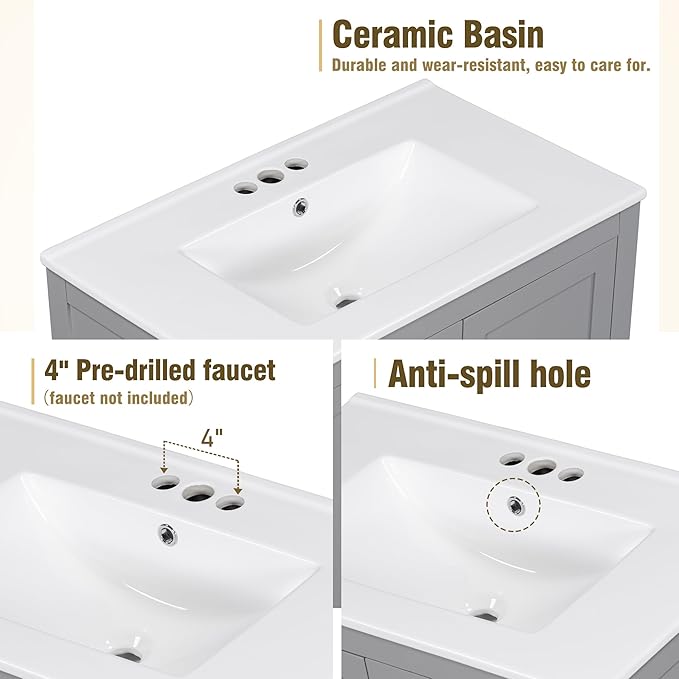 Bellemave 30" Bathroom Vanity with Sink Combo Set, Solid Wood Frame Bathroom Storage Cabinet with a Drawer, 2 Soft Closing Cabinet Doors with Organizer, Grey