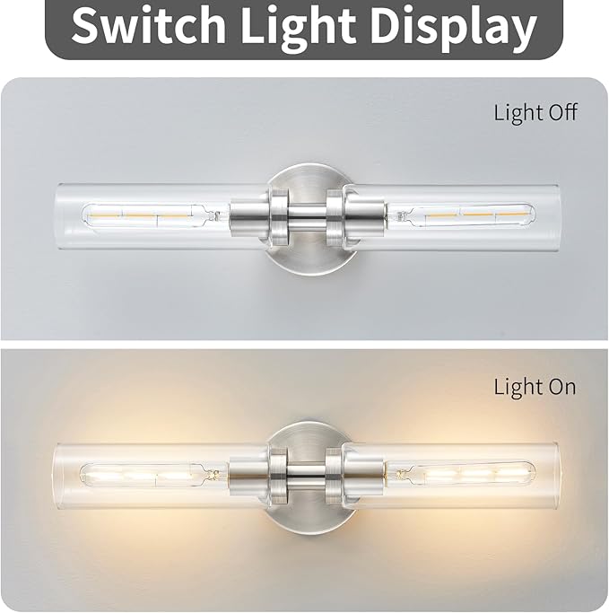 2-Light Brushed Nickel Bathroom Light Fixtures Over Mirror Modern Vanity Light Wall Lighting with Clear Glass Shade for Bathroom, Bedroom, Hallway, Cabinet