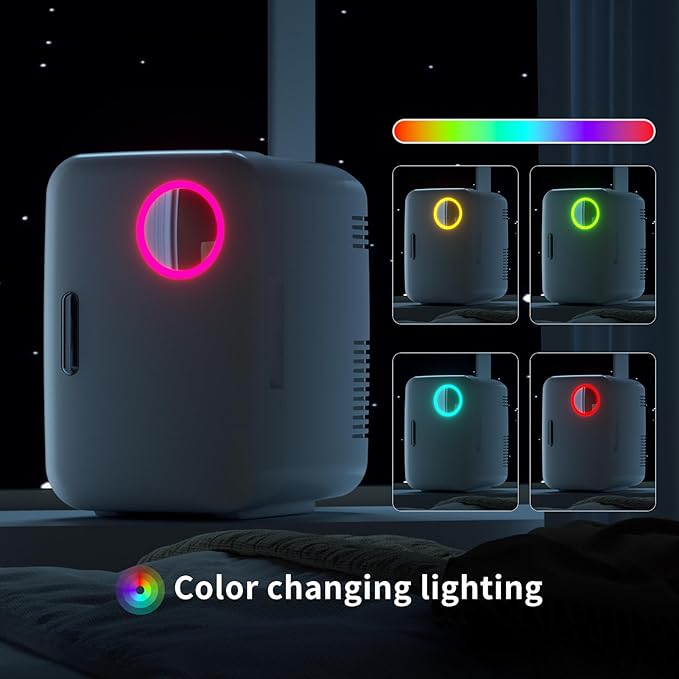 Compact Intelligent Cosmetic Mini Fridge(4L) - Skincare/Makeup/Drinks Cooler/Warmer with LED Makeup Mirror, Color Lights, Low Noise (30dB), AC/DC for Home/Dorm/Car