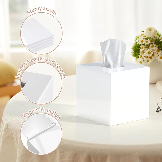 Tissue Box Cover Square, Modern Acrylic Tissues Holder, Facial Tissue Holder, Modern Tissue Dispenser for Bathroom Vanity Bedroom Office, Shiny White