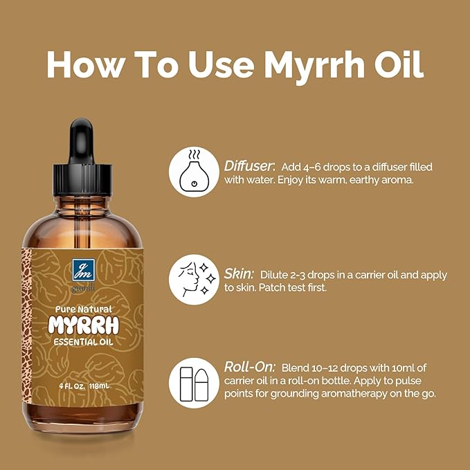 Myrrh Essential Oil 4 Oz, 100% Pure Natural Myrrh Oil for Diffuser, Skin, Hair, Body & Face, Massage, DIY & Home Use