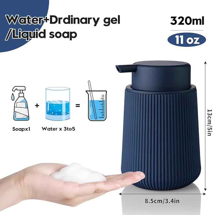 Striped Foaming Hand Soap Dispenser with Leak-Proof Pump for Bathroom and Kitchen Countertop 11oz Navy Blue