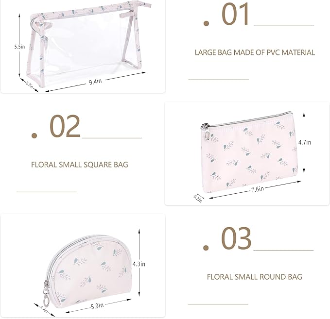 Richeart Makeup Bag, Clear Bag with Zipper, 3PC Floral Flowers Makeup Pouch, Waterproof Small Pouch, Portable Travel Toiletry Bag, E