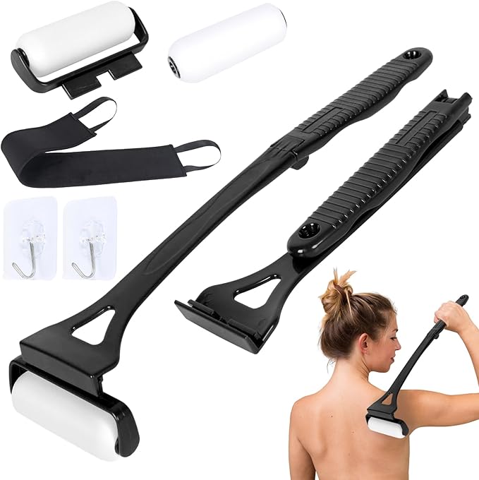 Lotion Applicator Set for Back & Body 18.3” Foldable Application Roller with 2 Reusable Rollers Back Applicator Strip with Hooks Apply Lotion Cream Ointment Self Tanner for Elderly Seniors (Black)