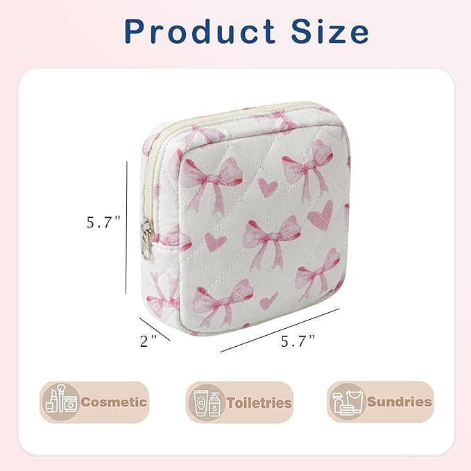 Small Quilted Cosmetic Pouch for Purse, Mini Cotton Makeup Bag with Compartments, Cute Zipper Lipstick Holder for Women (02Heart Bow)