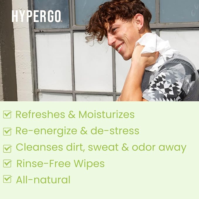 HyperGo XL Body Wipes for Women & Men – 12" x12" Rinse-Free Full Body Cleansing Wipes 20 Count Pack - Cucumber | Biodegradable, Hypoallergenic, Aloe-Infused | Gym, Festival, Camping Essentials