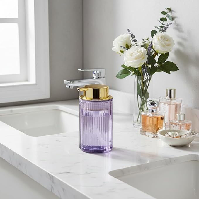 Foaming Soap Dispenser, 12 Oz Purple Glass Soap Dispenser, Refillable Liquid Lotion Container Foam Gold Pump Bottle Decorative Modern Slim Ribbed Bottle for Bathroom and Kitchen