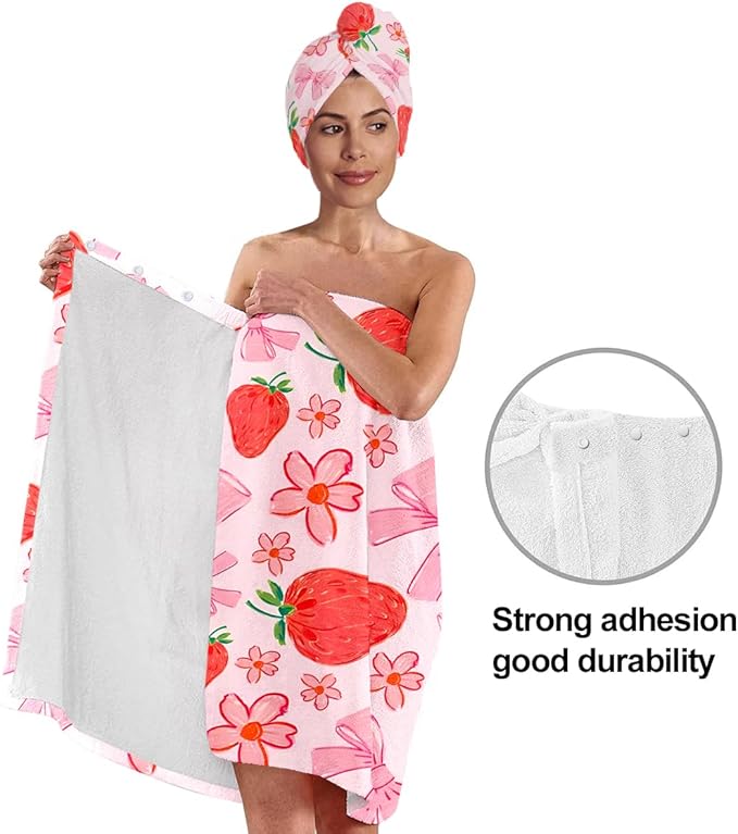 Strawberry Print Bath Wrap and Hair Drying Towel Set – Microfiber Quick Dry Shower Body Wrap for Women, Absorbent Spa Skirt with Elastic Band and Cute Bow Design (Strawberry 1)
