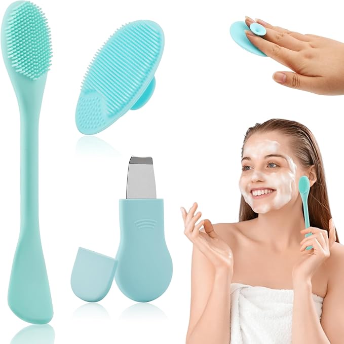 Silicone Nose Blackhead Remover Tool Set, Blackhead Scraper and Pore Cleaning Brush with Mask Applicator, Face Exfoliator Scrubber Skin Spatula for Women Men Skin Deep Cleansing