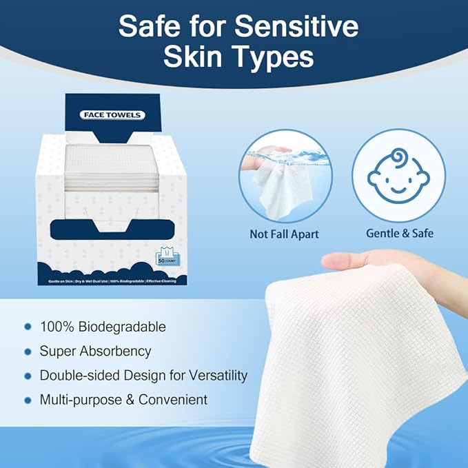 GLIMGLINT Face Towels, 100 Count (2 Box) Disposable Face Towelettes, Biodegradable Makeup Remover Dry Wipes, Super Soft Clean Facial Towels Wash Cloth for Sensitive Skin