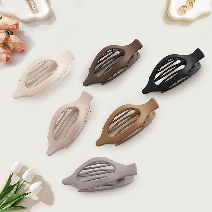 6 PCS Large Flat Hair Clips for Women Girls, French Concord Lay Down Flat Claw Clips for Thick Thin Hair, Comfortable Curved Hair Clip, Matte Non-slip Strong Hold Hair Accessories, Neutral