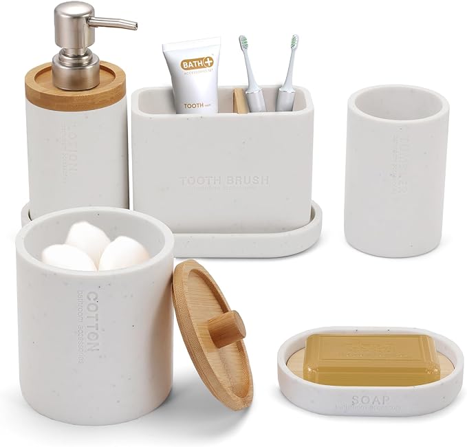 Bathroom Accessories Set, 6Pcs Bathroom Accessory Set, Large-Sized Toothbrush Holders Set, Soap Dispenser, Vanity Tray, Bathroom Tumbler, Apothecary Jars and a soap Dish (Marble White)